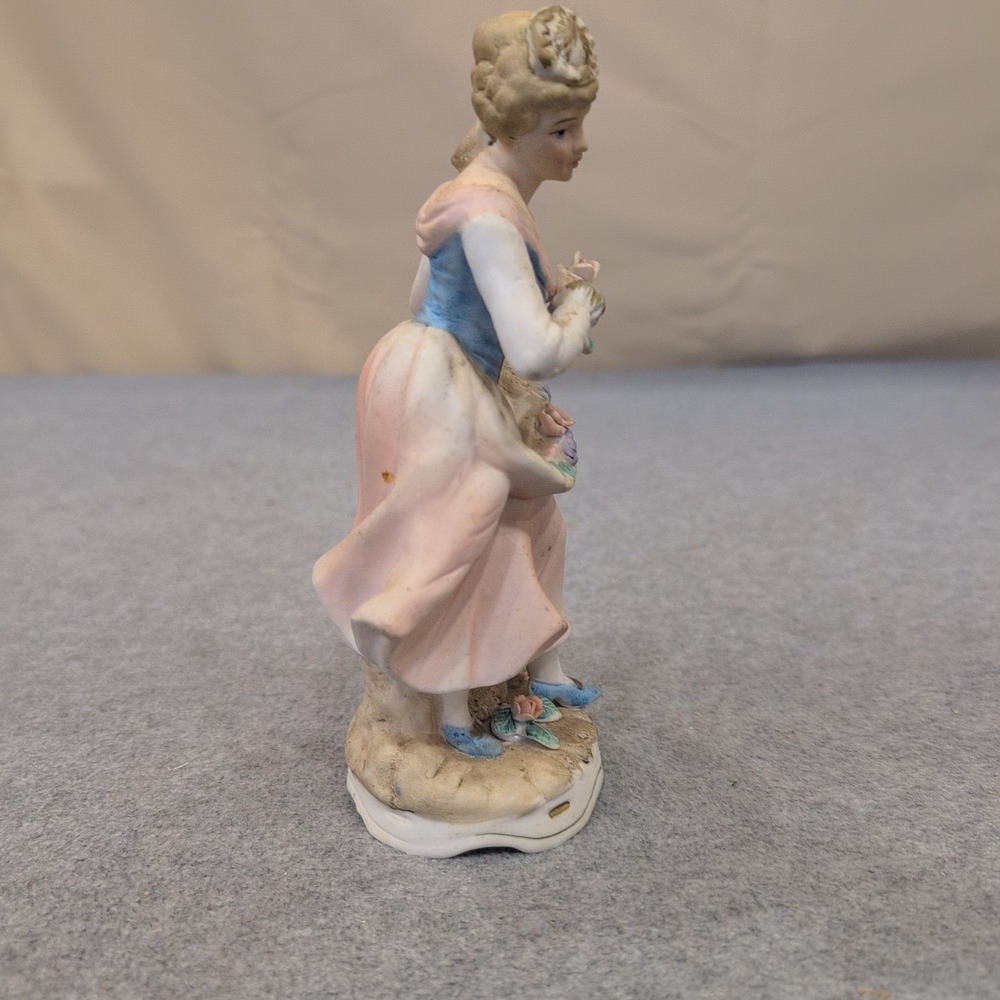 Vintage Porcelain Bisque Woman Figurine with Flower Basket Pink Blue White Decor - Picture 2 of 5